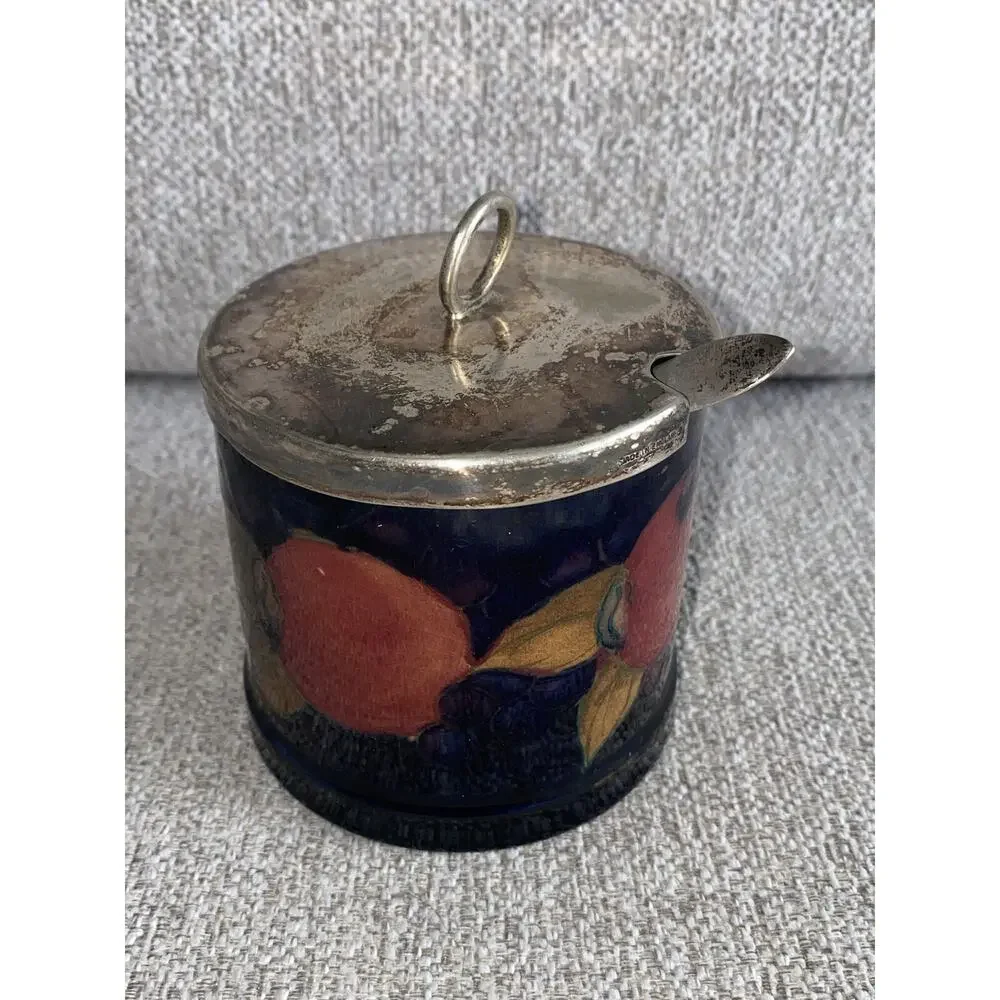 Rare Vintage Moorcroft Sterling Silver Art Pottery Jar & Spoon Antique Sugar